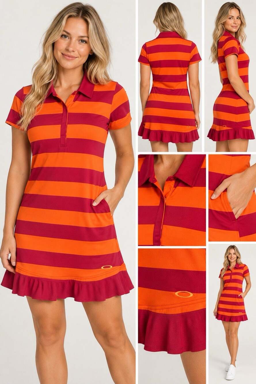 Oakley Womens XL Polo Dress Orange Burgundy Striped Short Sleeve Ruffle Hem